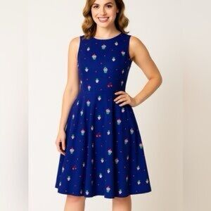 Unique Vintage Gwynnie Bee Cupcake Print Navy Blue Midi Dress Size XL
